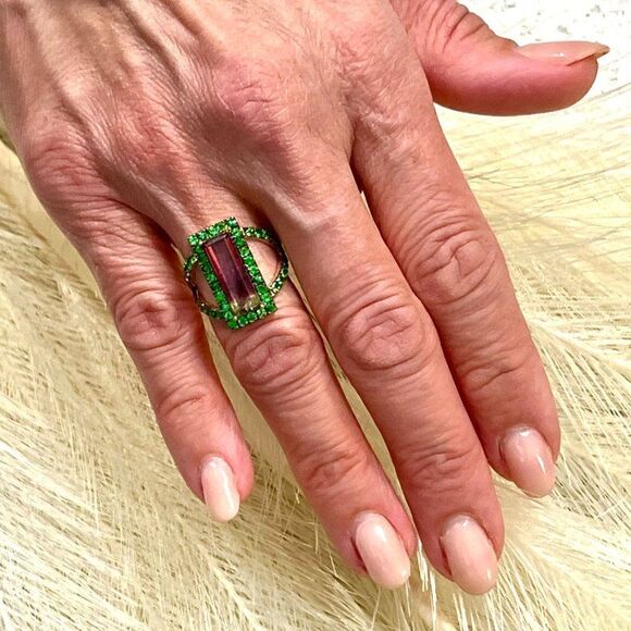 Natural Watermelon Tourmaline Tsavorite Ring 7 14k YG 4.7 TCW Certified 300684 - Picture 9 of 12